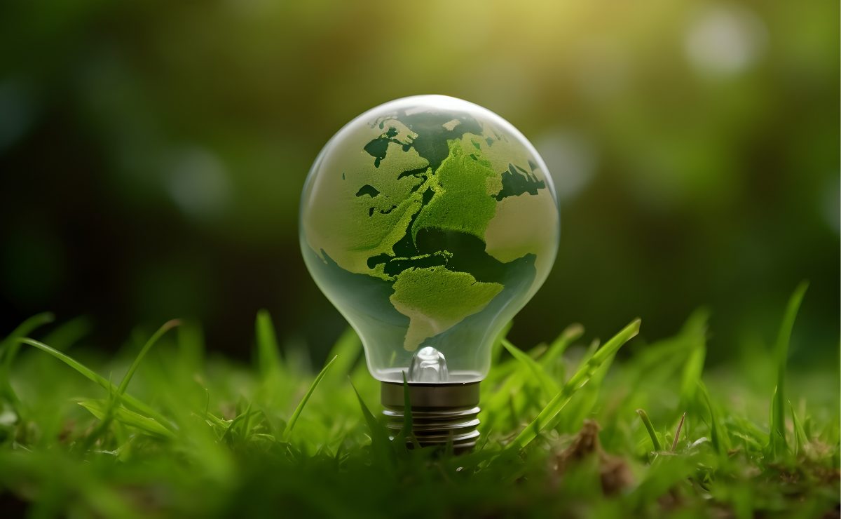 A bulb in grass with a green graphic of the world map.