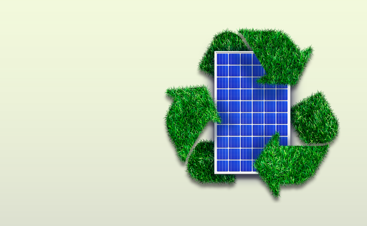 Graphic of a solar panel with the recycling logo surrounding it, on a green backdrop.