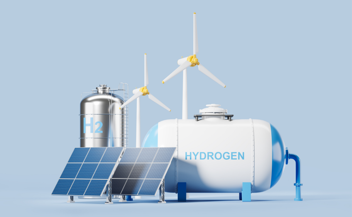 A stylised graphic depicting Hydrogen storage, solar panels, and wind turbines.