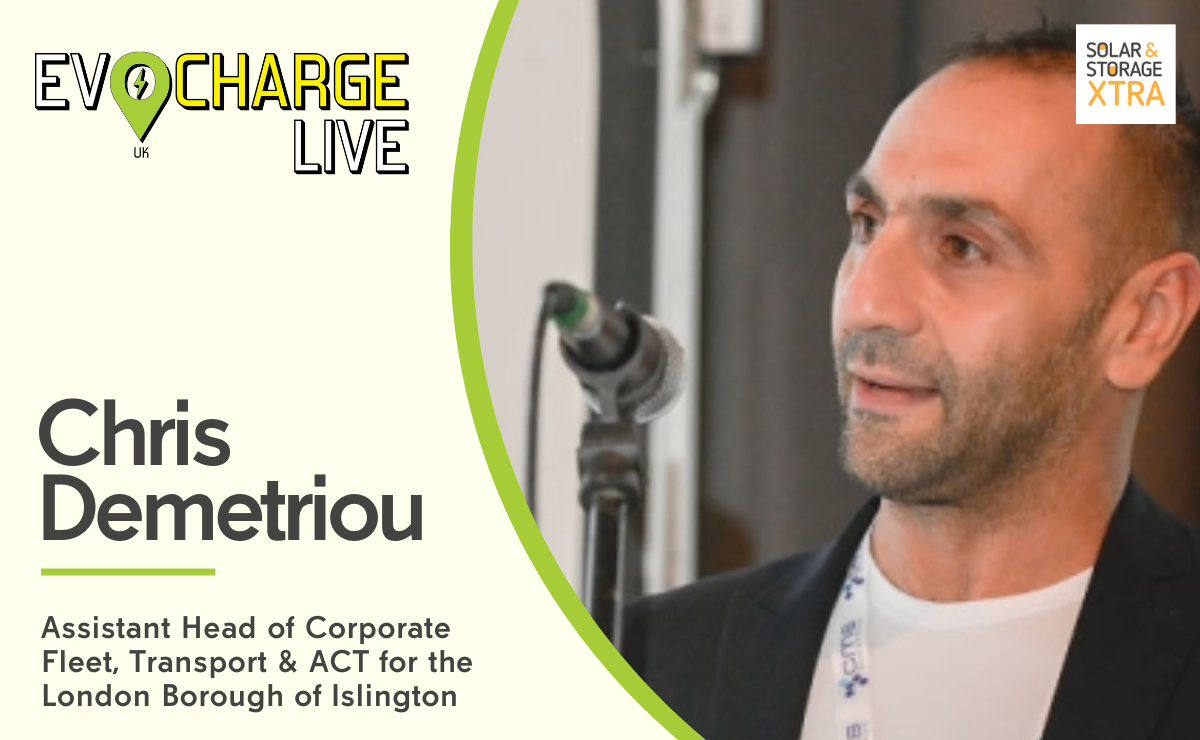 A graphic for EVCharge Live 2025, depicting a speaker titled Chris Demetriou