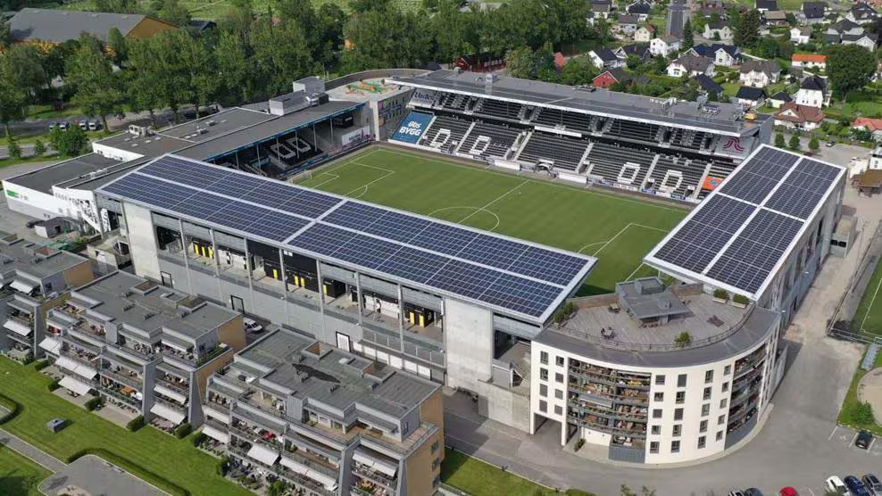 Solar panels on the roof of Skagerak Arena in Norway.