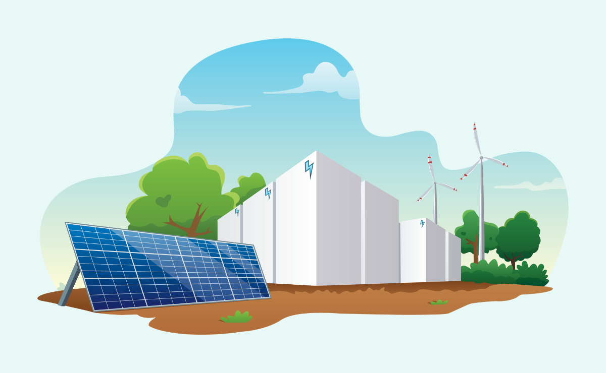A graphic of a solar panel and storage and a wind farm